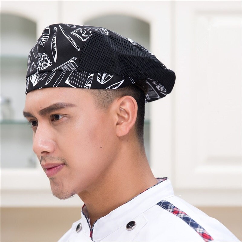 Mænd kvinder mesh patchwork kok restaurant køkken madlavning arbejdstøj hatte baret hotel bakey cafe tjener åndbar kasket 56-58cm: 5