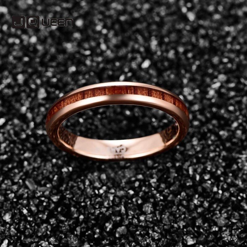 Bonlavie 4mm herenring van wolfraamstaal en hardmetaal, hawaiiaanse koa-houten inleg, gepolijste afwerking, comfortabele pasvorm, roségouden ring, herensieraden