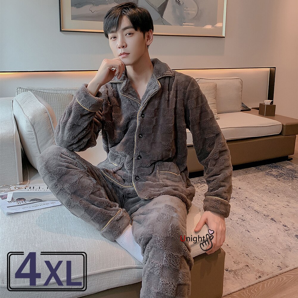 Pijamas gruesos de franela cálida para hombre, ropa de dormir larga, de lana Coral, para el hogar, 3xl, 4XL, Otoño e Invierno