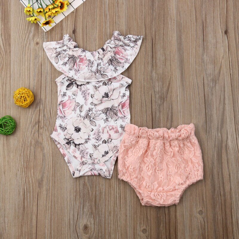 2 st Set Volanger Blommor Romper Spets Shorts Sommar Baby Flicka Ärmlös 0-24M