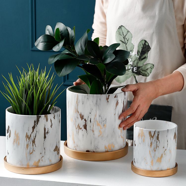 1pc Marble Style Ceramic Plant Pot With Gold Tray Household Decoration Plants Holder