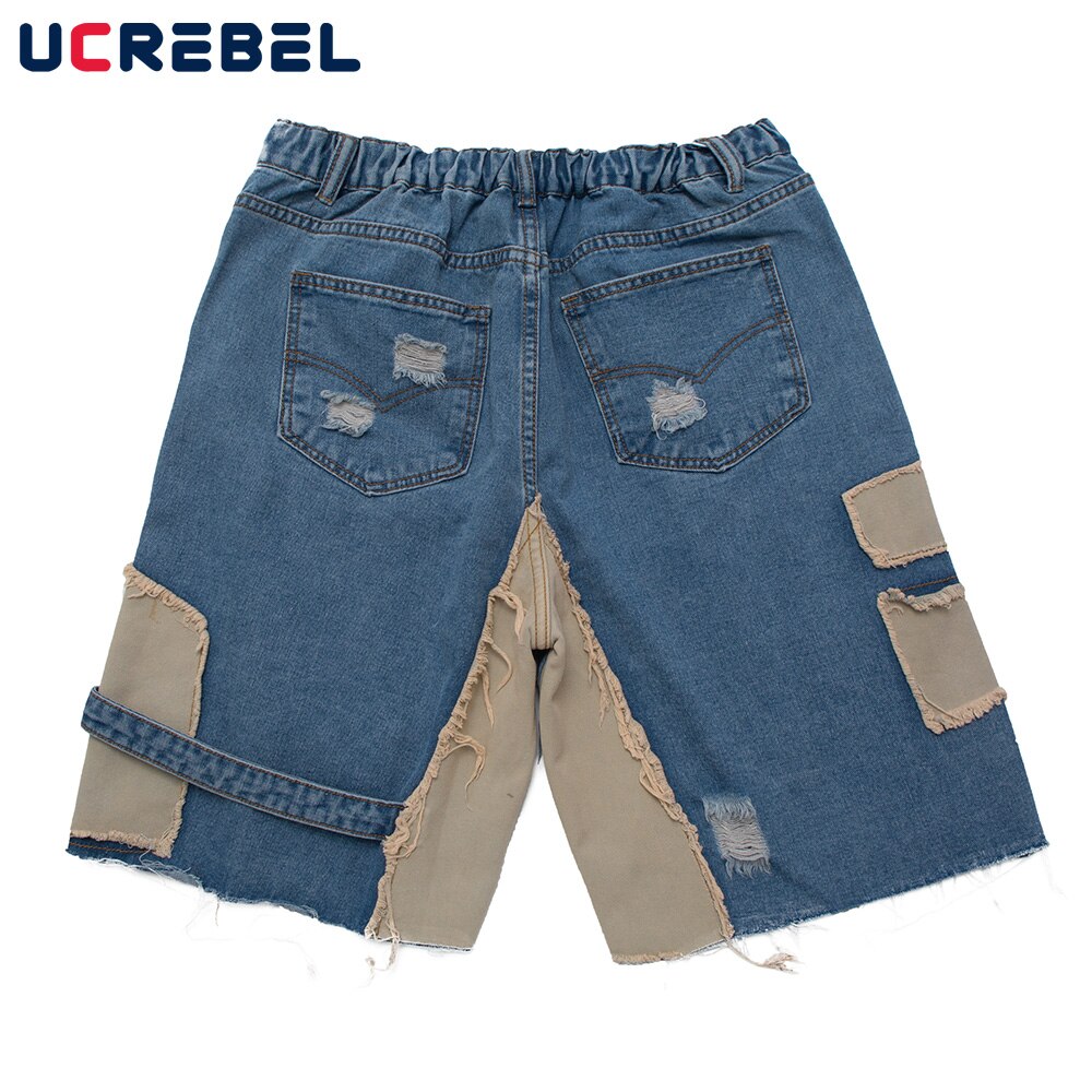 Pantalones cortos vaqueros rasgados de retazos para hombre, Shorts hasta la rodilla con cintura elástica, ropa de calle, pantalones sueltos con paneles de contraste