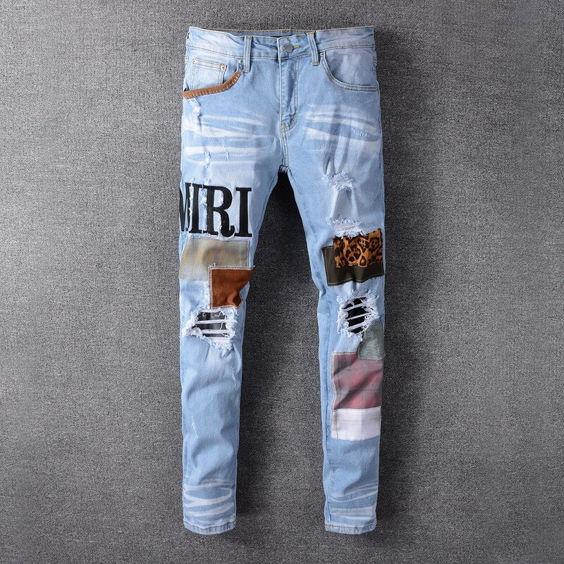 Patch Ripped Blue Jeans Men Slim Fit Washed Denim Jeans Trousers Men Hip Hop DJ Party Jeans Punk Rock Pants 614: 614 / 28