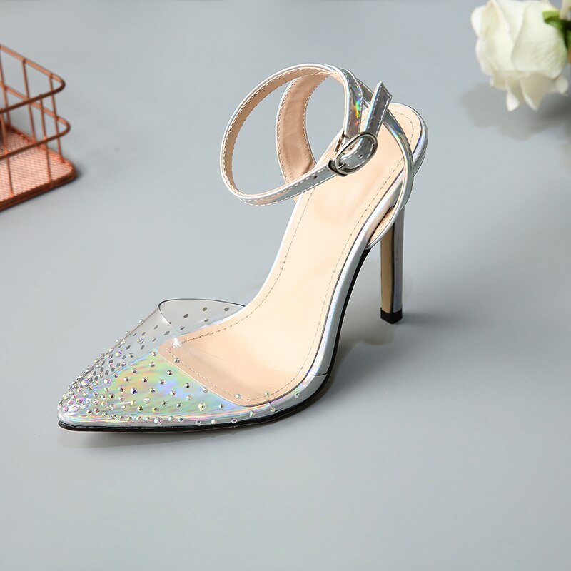 rhinestone PVC transparent shoes stilettos high heels sandals women pointed toe party silver party wedding shoes