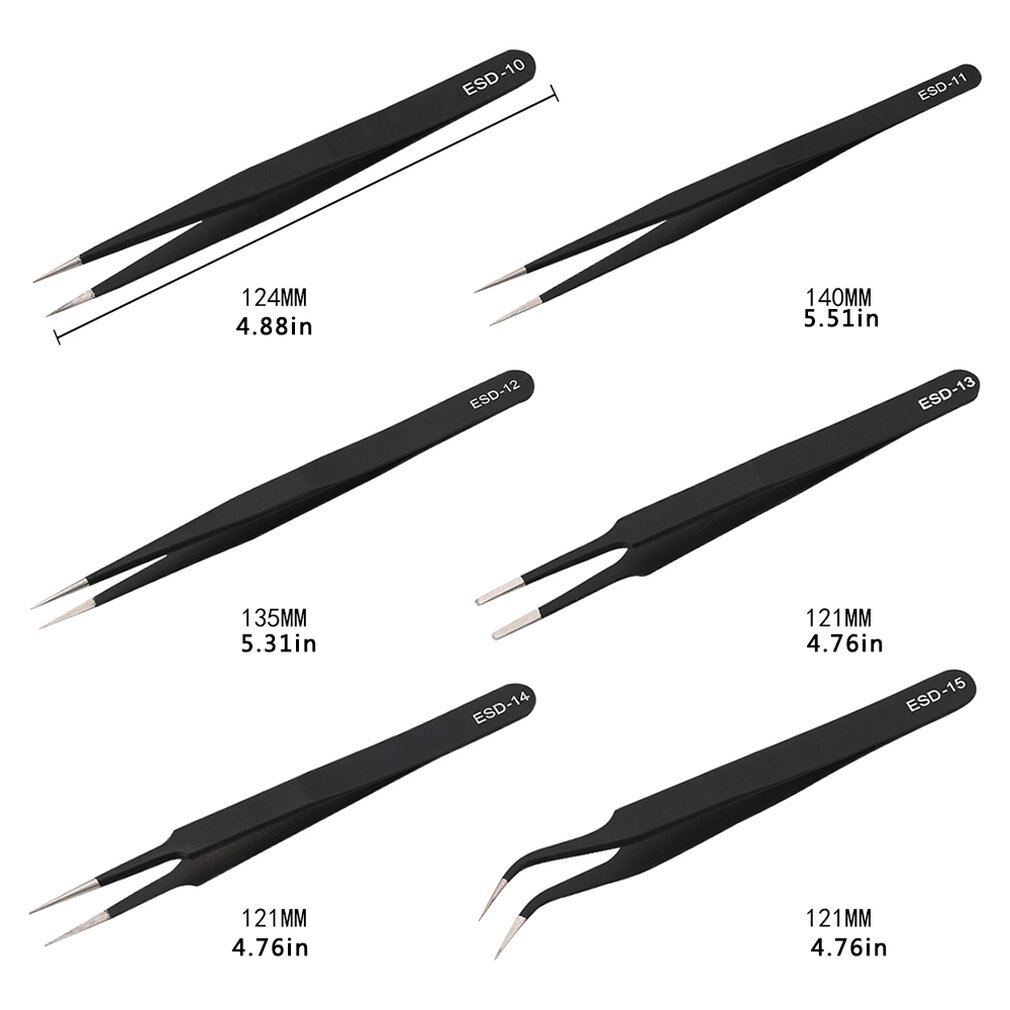 6Pcs Anti-static ESD Stainless Steel Tweezers Maintenance Tools Industrial Precision Curved Straight Tweezers Repair Tools