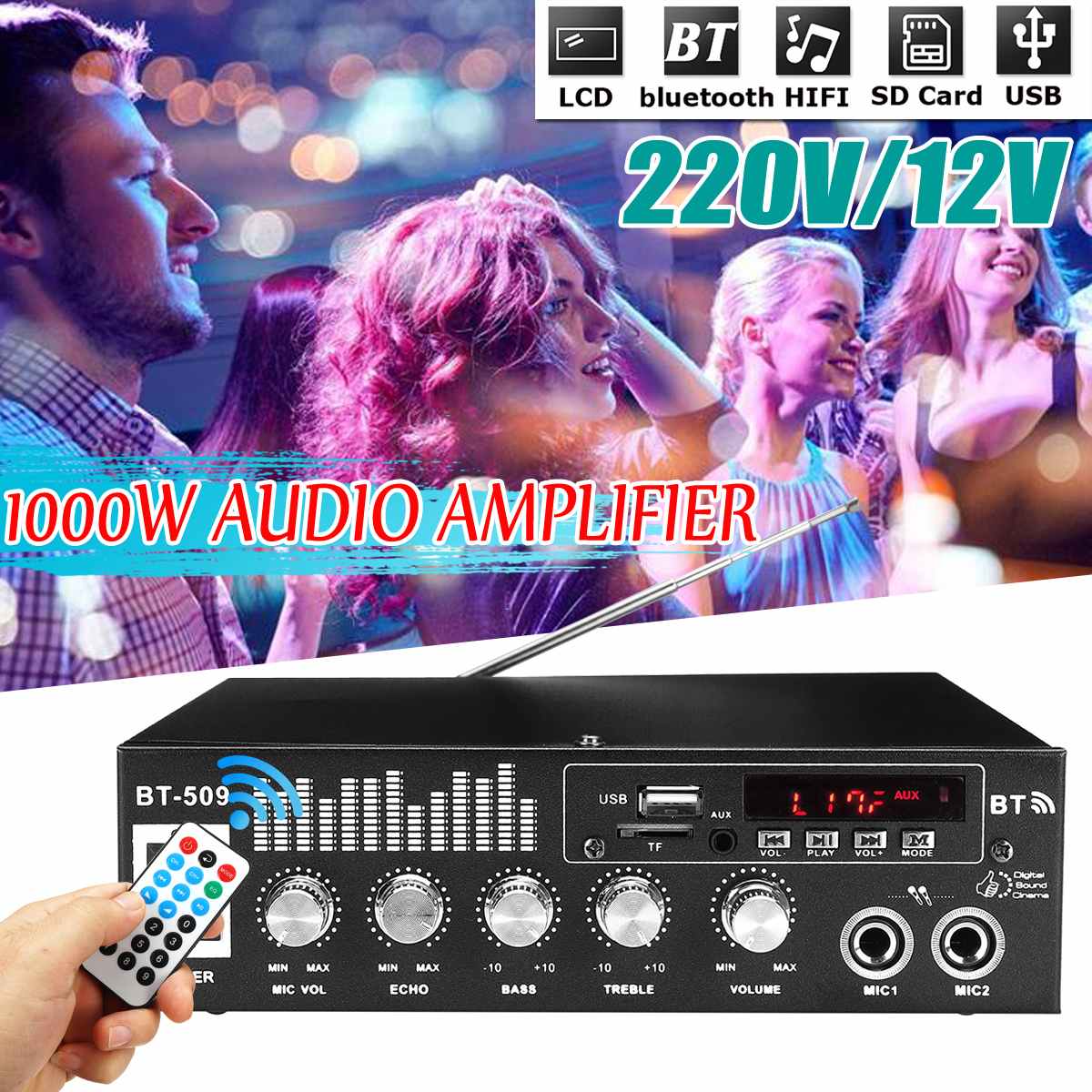1000W bluetooth HiFi Power Amplifier Stereo Home Karaoke FM USB Amp Car Home LCD
