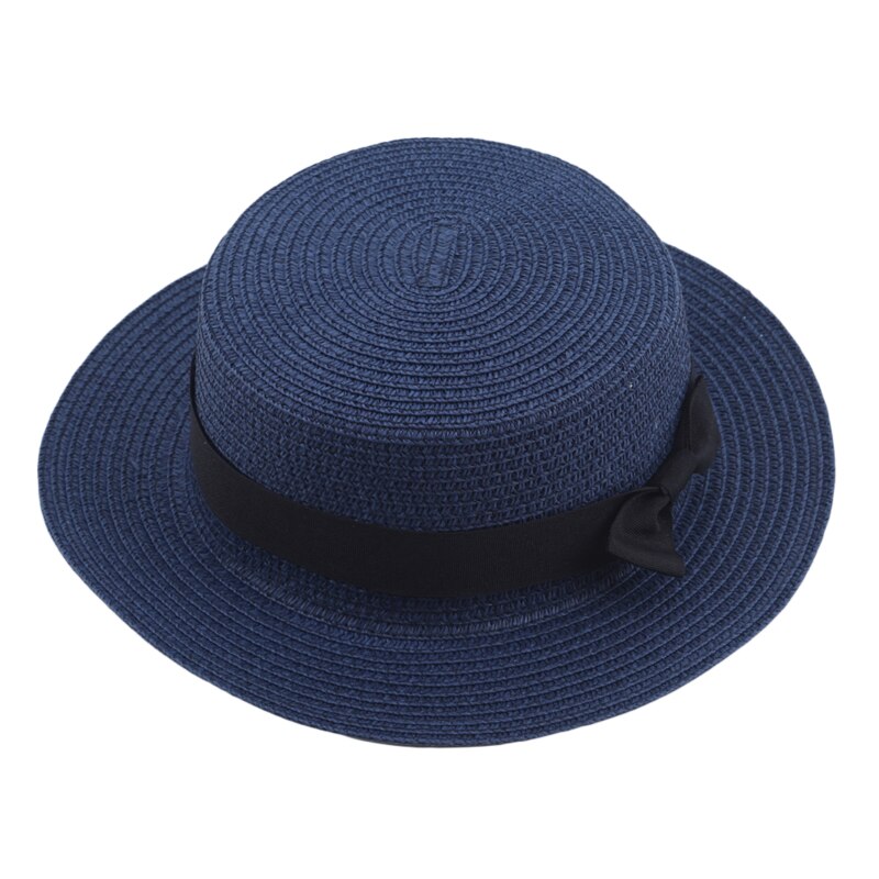 Summer women's Straw Hat Travel Shade Leisure Beach Hat Vacation Flat Eaves Bowknot Shade Sun Hat: Navy blue