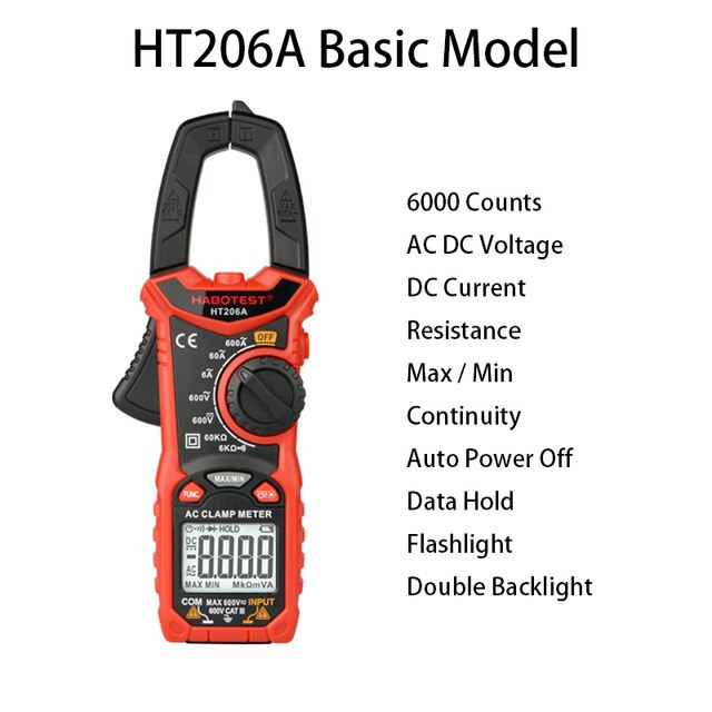 Habertest ht206 ac dc digital braçadeira medidor multímetro pinza amperimetrica verdadeiro rms alta precisão capacitância ncv ohm hz tester: HT206A