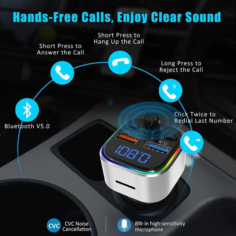 transmisor FM coche Bluetooth modulador FM con luz colorida reproductor MP3 sin pérdidas coche QC 3,0 adaptador de receptor de cargador rápido