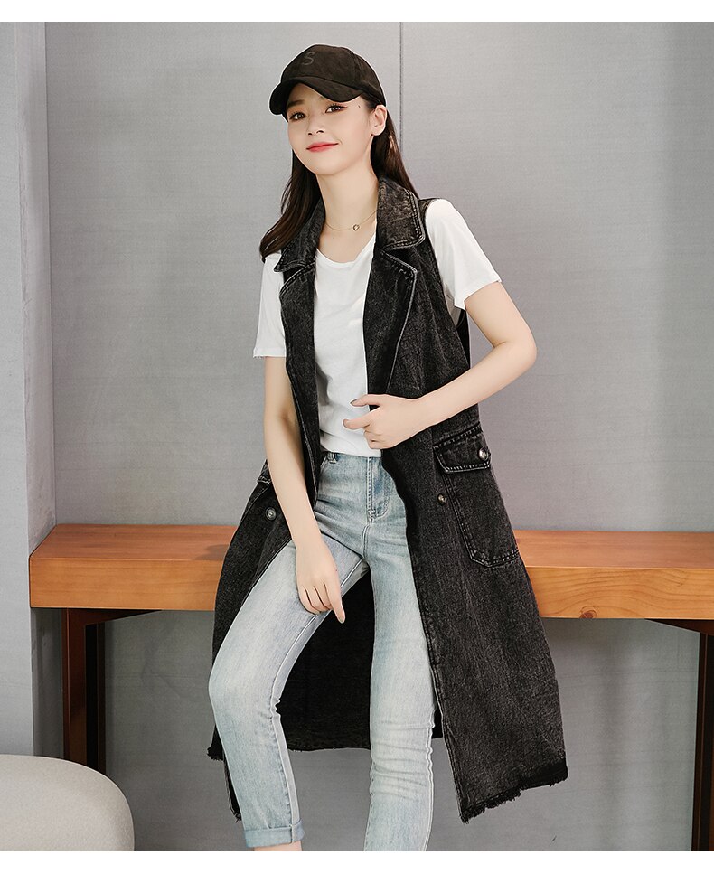 Chaleco vaquero largo con bolsillos grandes para mujer, chaqueta sin mangas de talla grande, color negro, a la