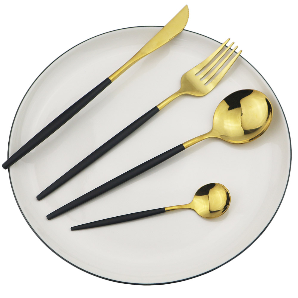 4Pcs/ Set 18/10 Stainless Steel Dinnerware Set Green Gold Flatware Cutlery Set Dinner Gold Knife Fork Spoon Silverware Set: Balck Gold
