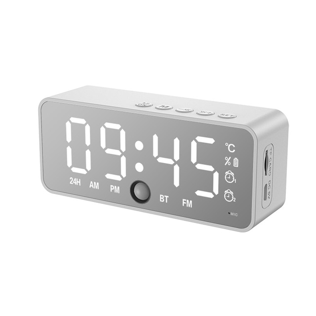 Led Mirror Alarm Clock Digital Snooze Table Clock Wake Up Light Temperature Display Home Decoration Wireless Bluetooth Speaker: White 