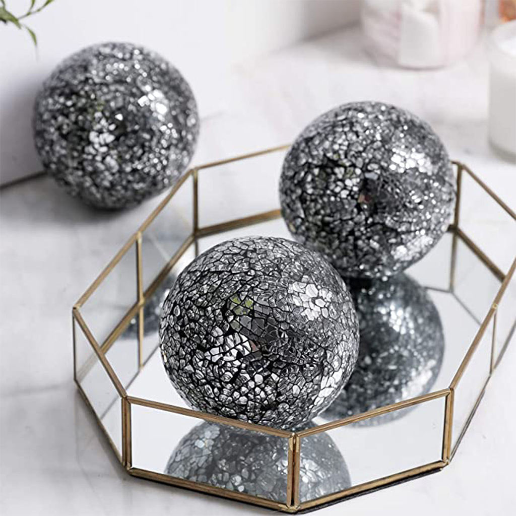 Conjunto de centro de mesa de bolas de esfera de mosaico, mosaico para adornos del hogar, decoración de mesa de comedor: Silver Black 3Pcs