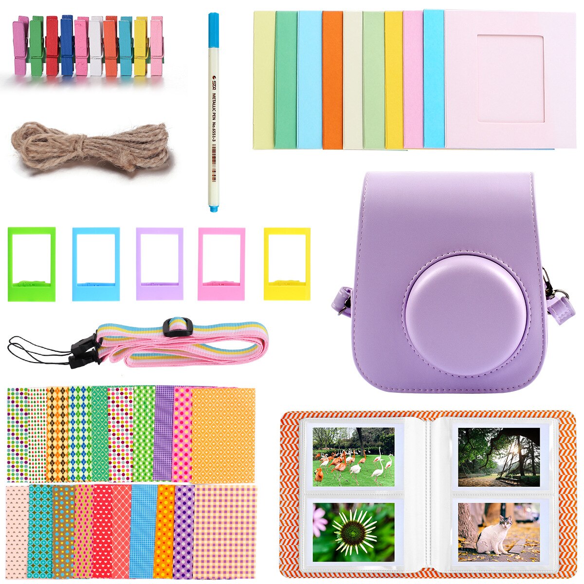 40 stk kamera tilbehørssett med pu tilfelle fotoramme album klistremerker stropp til fujifilm instax mini 11 umiddelbar kamera: Lilla