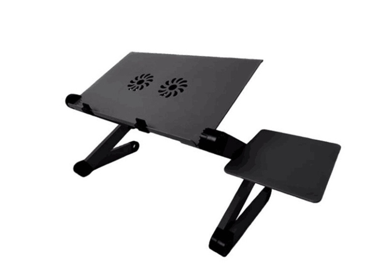 Adjustable Laptop Desk Double Fans Ergonomic Portable Bed Lapdesk Tray PC Table Stand Notebook Table Desk Stand With Mouse Pad: Black