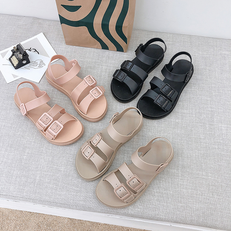 Lucyever Women Flat Gladiator Sandals Open Toe Buckle Solid Jelly Sandals Female Casual Comfortable Platform Beach Slides