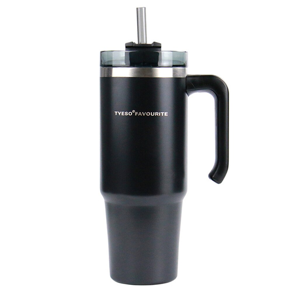 20oz/30oz Stainless Steel Thermos Cup With Straw Coffee Cup Thermal Insulation Ice Cup Car Cup Water Cup With Handle: 20 oz Black