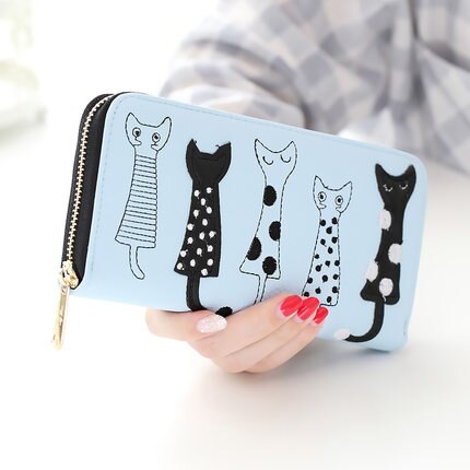 nouvelle femmes portefeuilles femme porte-cartes mignon dessin animé chats en cuir portefeuille porte-monnaie filles pochette portefeuille long à fermeture à glissière: sky blue