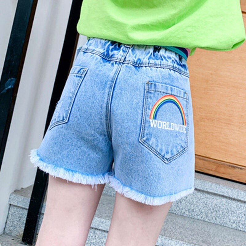 Pantaloncini di Jeans per ragazze con cintura pantaloncini di Jeans con foro strappato stampa arcobaleno lettera estate simpatici vestiti per bambini per adolescenti 6 8 10 12 14 anni