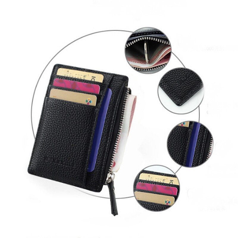 Wallet Mini Leather Card Holders 8 Card Slots Purse Small Men Wallet Women Zipper Pocket Ultra Thin Wallet