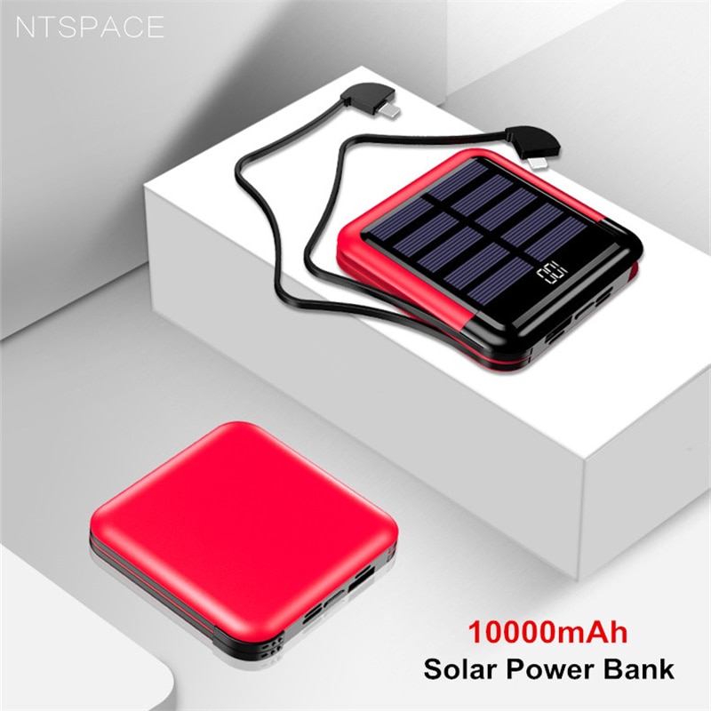 Bærbar solenergi bank digital skærm batteri opladningspakke solenergi bank 10000 mah mini power bank usb type-c telefon kabel