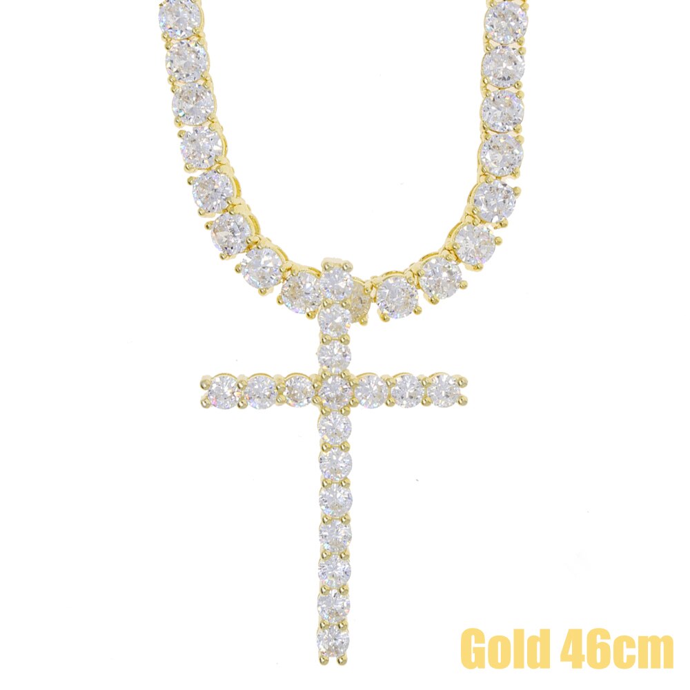 Iced out bling women girl jewelry hiphop bling 5A cubic zirconia cz tennis chain 30*50mm cross pendant choker necklace: gold set 46cm