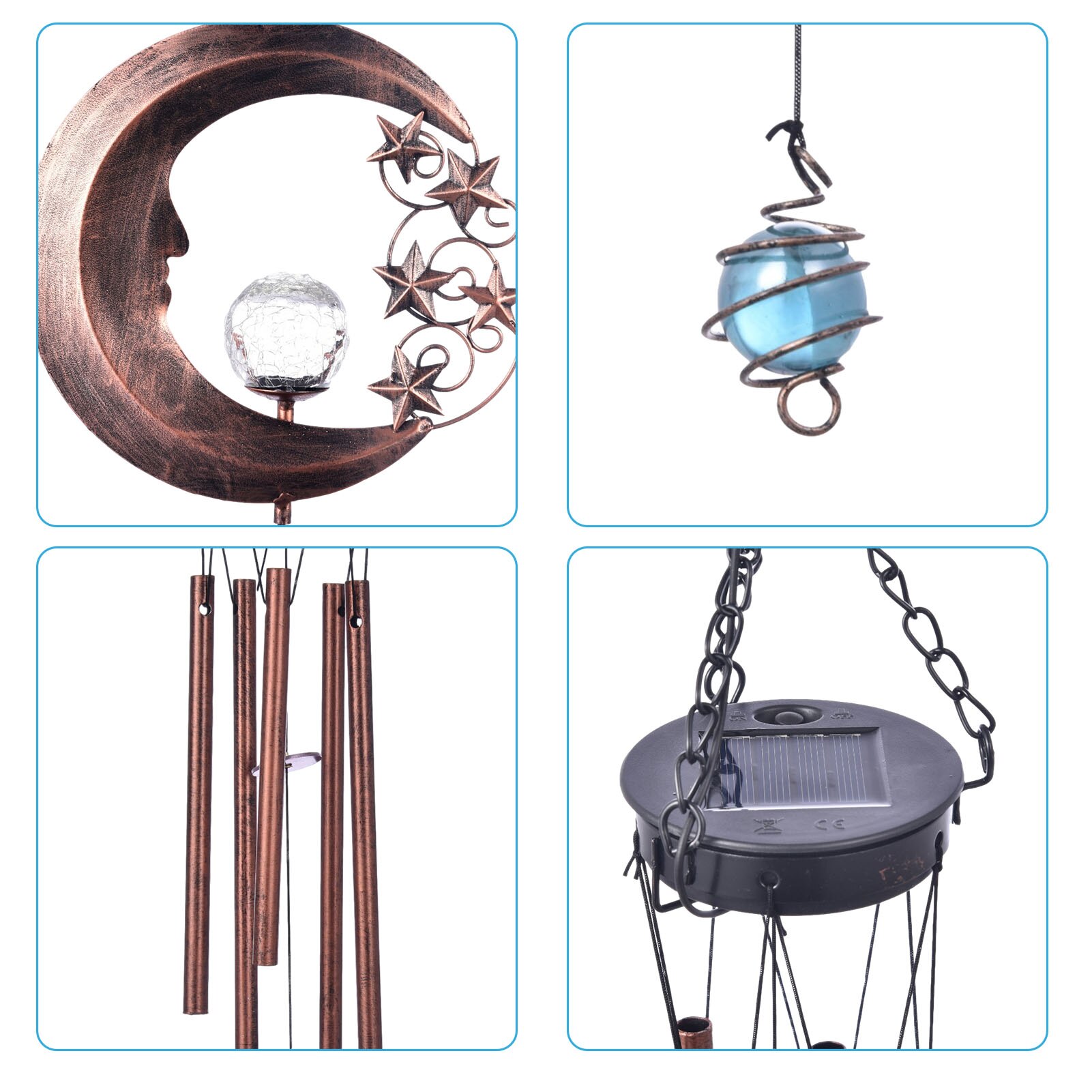 Solar Power Wind Chime Crystal Ball Moon Star Decor Landscape Light Waterproof Outdoor Windchime Light For Patio Yard Garde