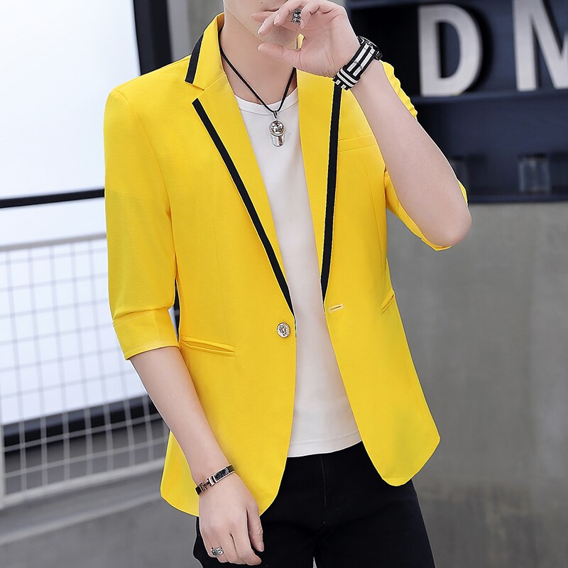 Ungdom blazer herre slim fit blazer masculino mandlig turn-down krave halværmede blazere herre casual blazer jakke mand: Gul / Xxl