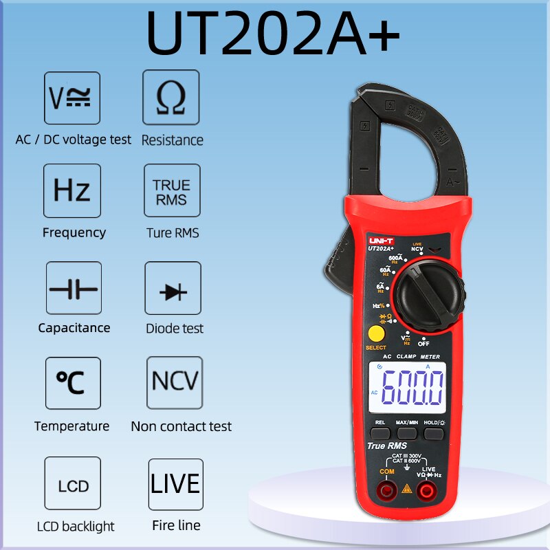 Uni-t  ut204+ serie true rms digital klemmemåler ac / dc klemme ammetere temperatur kapasitans motstandsspenning tester lcd ncv: Ut202a pluss