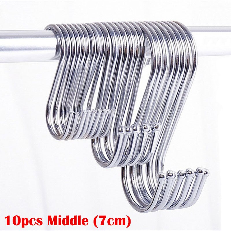 10pcs Stainless Steel S-Shape Hooks Kitchen Bedroom Black Silver Railing S Hanger Hook Clasp Holder Hooks Hanging Storage Tools: 10pcs Silver (M)