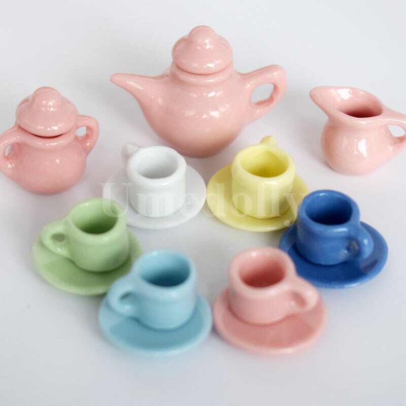 Cute Colorful 1/12 Dollhouse Miniature Porcelain Tea Cup Dish Sets Mini Teapot Pretend Play Kitchen Tableware Toy