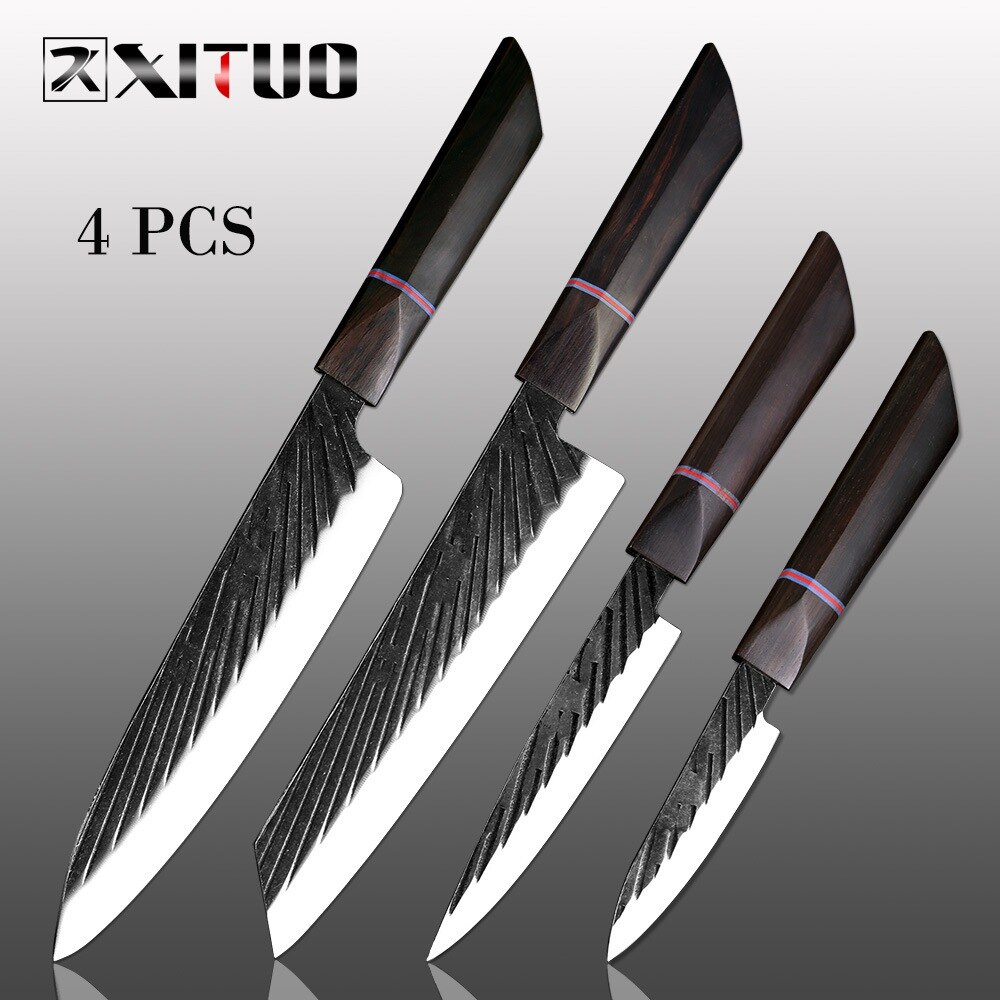 XITUO Chef Knife 440C Steel Handmade Forged Japanese Sharp Meat Cleaver Kiritsuke Santoku Utility Paring Knife Cooking Tools: 4PCS
