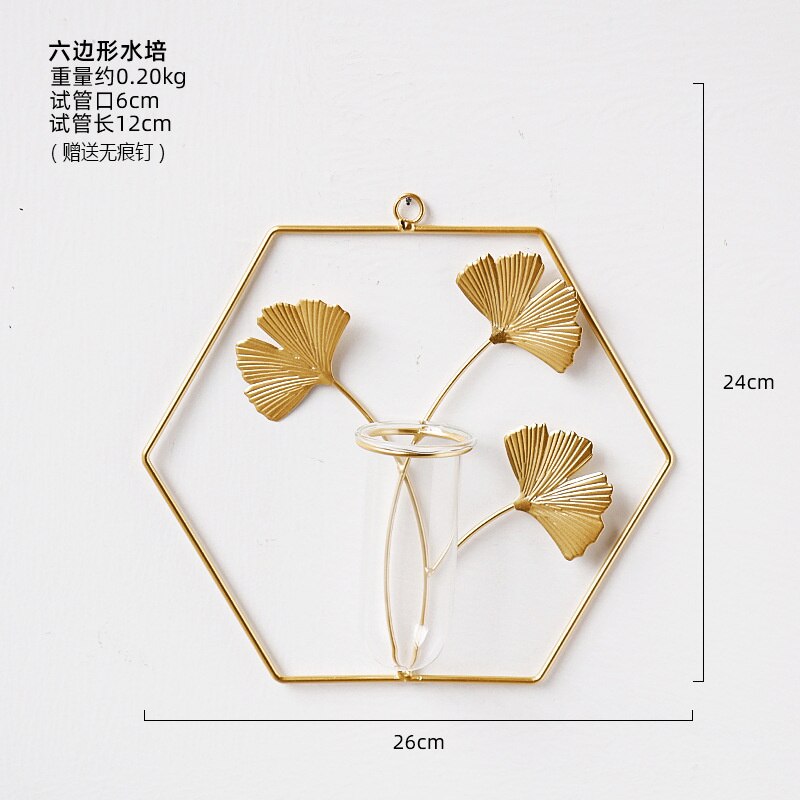 Metal Wall Vase Cylinder Flower Pot Gold Frame Wall Vase For Artificial Flower Glass Vase Wall Mount Flower Vase Home Wall Decor: Hexagon