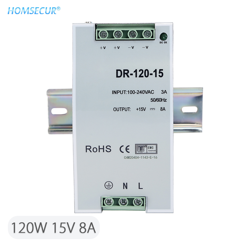 HOMSECUR 15V 30W/60W/90W/120W/150W Din Rail Single Output Switching Power Supply For Video Door Intercom System: DR-120-15