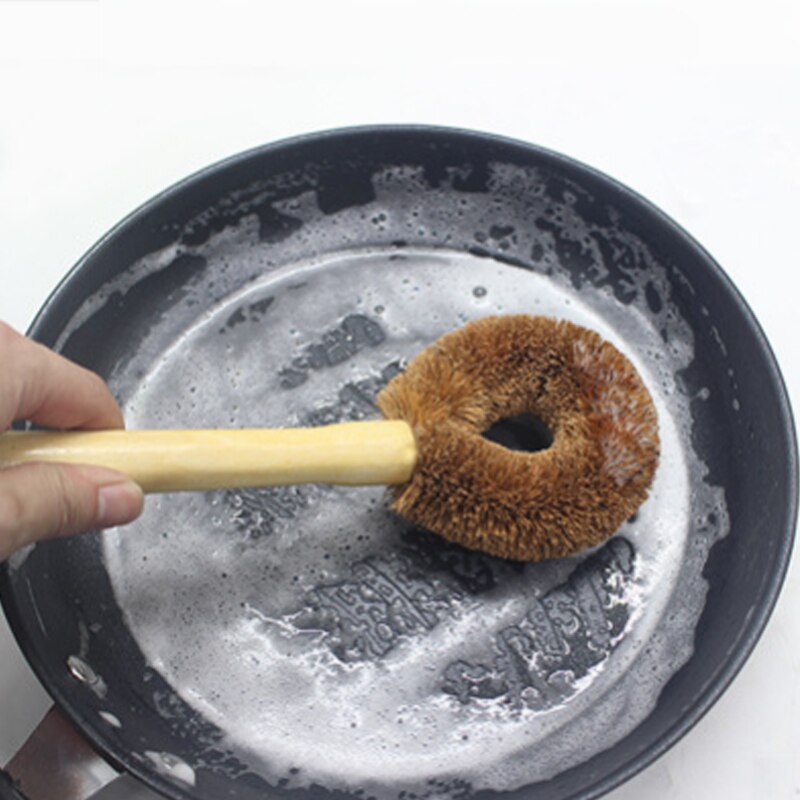 Natuurlijke kokosnoot bruin non-stick olie lange handvat pot borstel Schotel wassen olie reinigingsborstel Kan hangen soort borstel keuken Gereedschap