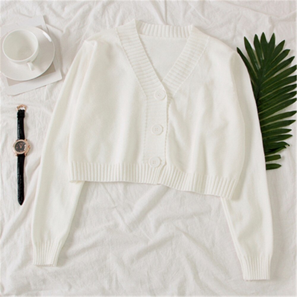 Women's Cropped Cardigan Sweaters Female Black White Short Sweater V Neck Single Breasted Sweater Woman Knitted Cardigan PZ3230: White