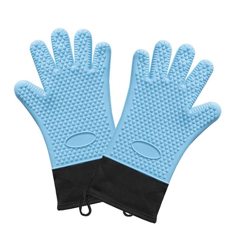 2 uds guante de silicona resistente al calor grueso BBQ Grill guantes cocina impermeable horno manoplas de cocina Grill hornear guantes: blue