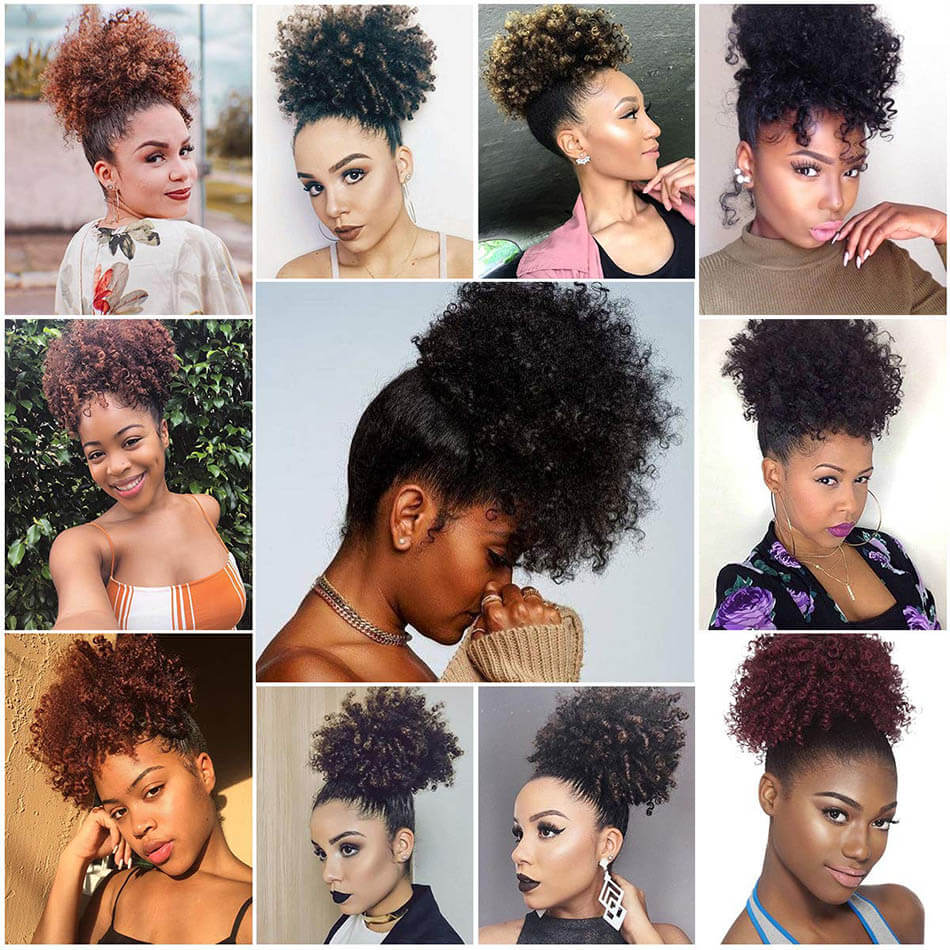 Synthetic Afro Puff Drawstring Bun Ponytail for Women Short Curly Chignon Hair Bun Extension Hairpiece with Two Clips 1B/27#