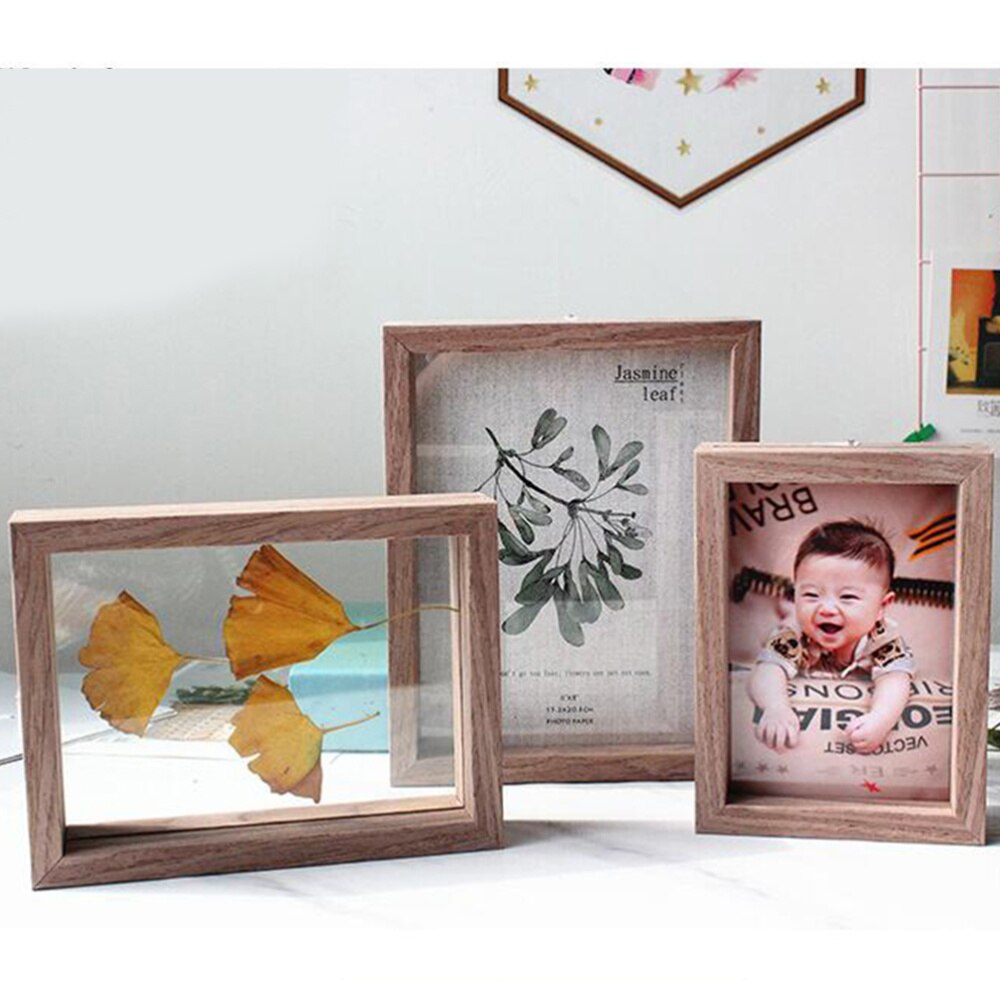 6 Inches Plant Dried Flower Leaves Specimen Box Double Sided Glass Photo Frame Wooden Table Decoration with Original Ph
