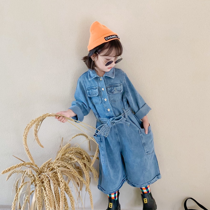 MILANCEl autumn kids overalls denim boys clothes turn down collar girls jumpsuit