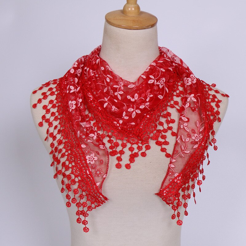 25#  dames kanten doorschijnende bloemensjaal, omslagdoek met kwastjes, holle kwastjes, kant, rozen, bloemen, gebreide mantillasjaals, hijabs: Rood 