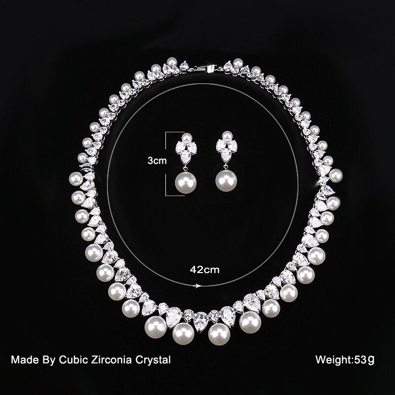 Original weimanjingdian zircônia cúbica e concha pérola colar e brinco conjunto de casamento nupcial da dama de honra jóias