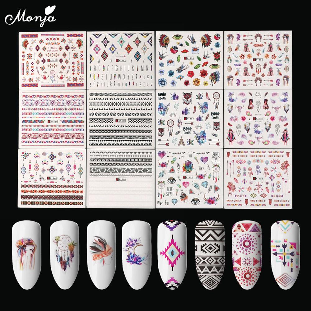 Monja 12 Sheets Nail Art Etnische Serie Gemengde Water Transfer Volledige Cover Decals Stickers 3D Nail Decoratie