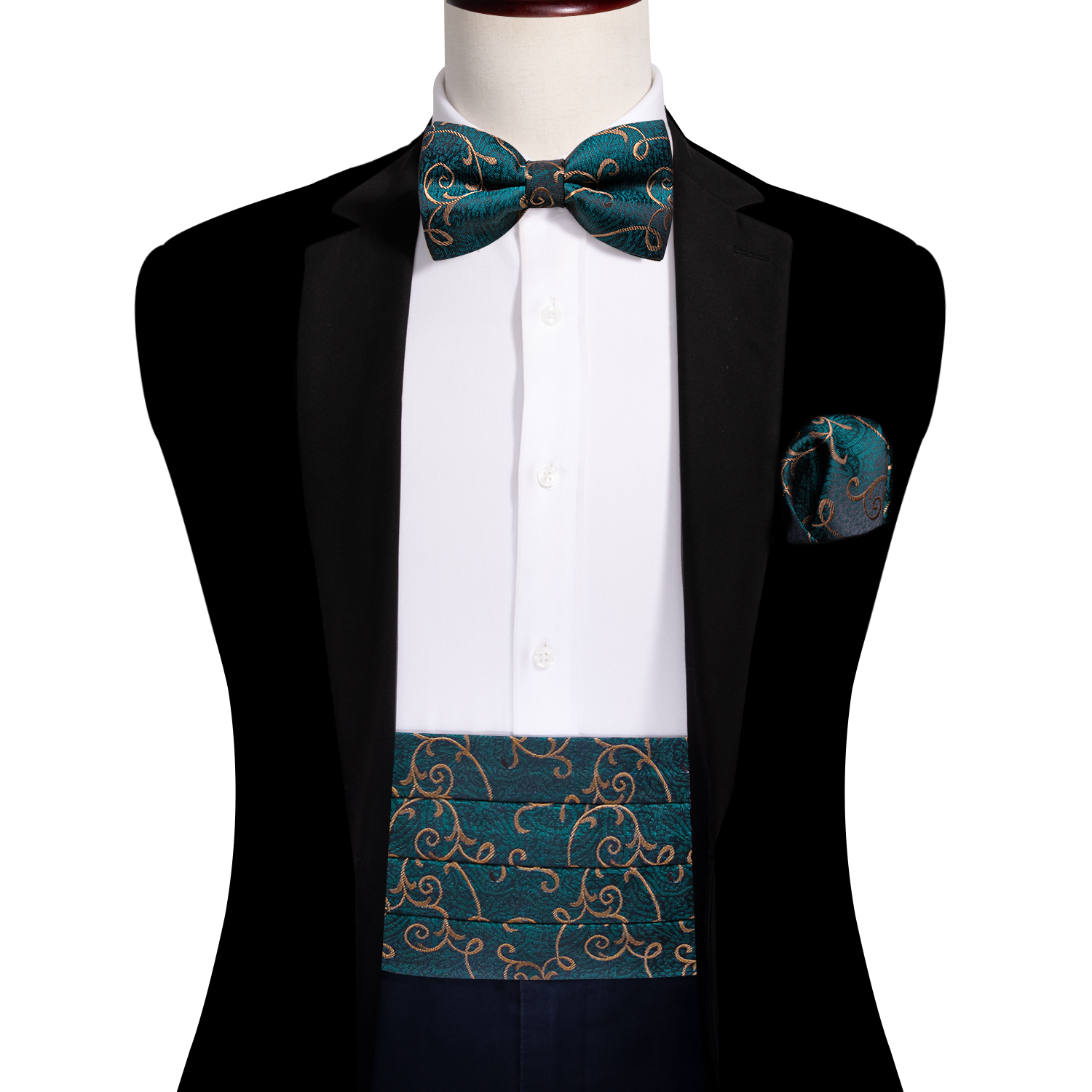 Navy Blue Cummerbund Men Silk Bowtie Pocket Square Cufflinks Sets Classic Paisley Male Accessories Wedding Party Barry.Wang 1031