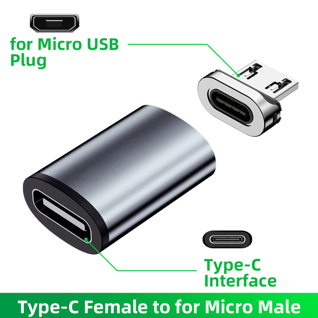 Magnetische USB Adapter - Micro USB Type-C Tips - Android Telefoon Datatransfer Kabel Converter: Matzwart