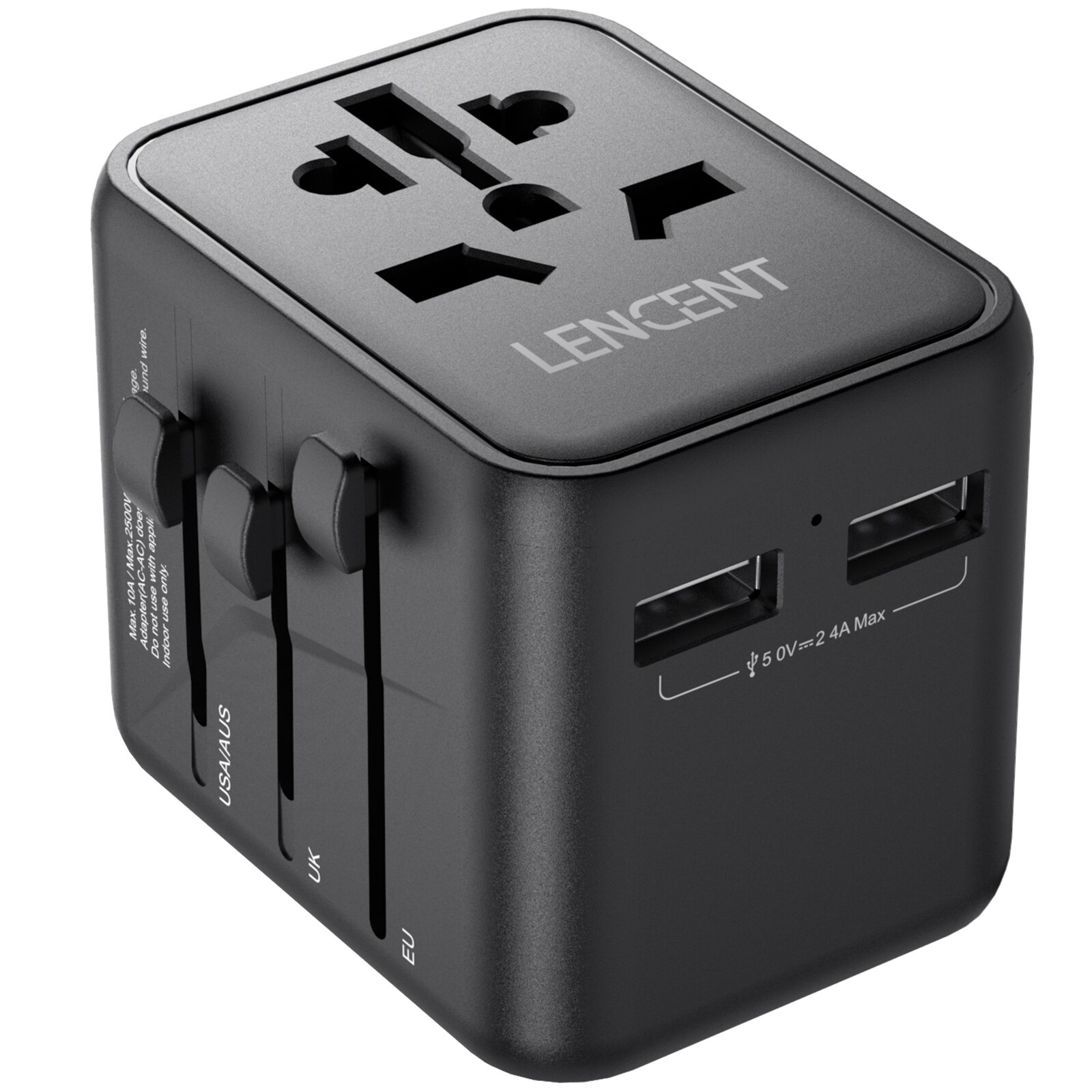 LENCENT International Travel Adapter with 2 USB Ports All-in-One Travel Charger Power Adapter EU/UK/USA/AUS Plug for Travel: black
