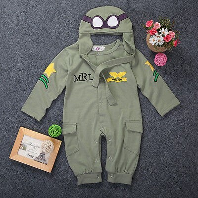 2 Pcs Summer Autumn Baby Kids Boy Infant Pilot Letter Printed Cotton Romper+Cap Jumpsuit Outfits Set Clothes 6-24M