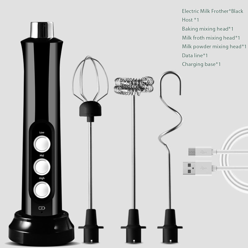 3-in-1 elektrische melkopschuimer Oplaadbare melkschuimmaker Handheld Foamer Hoge snelheden Melkopschuimer Drinkmixer Koffie: Black