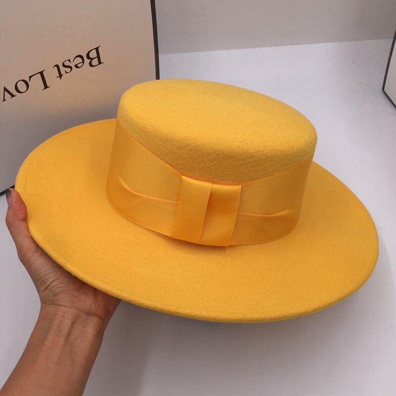 Fedoras invierno nueva lana ala ancha y plana a lo largo de los sombreros amarillos para mujer