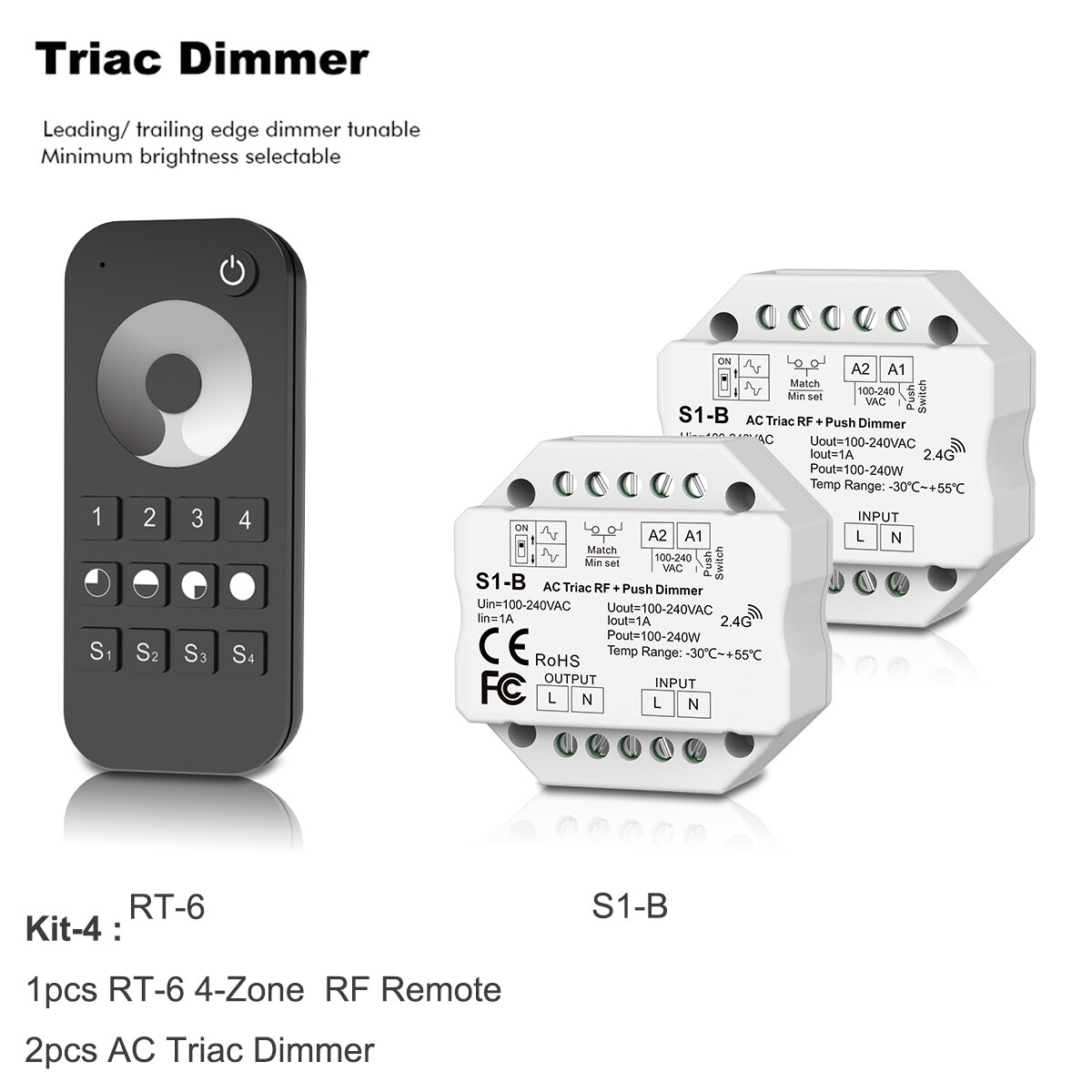 Interruptor de atenuación inalámbrico LED Triac de AC110V-220V, control remoto de atenuación táctil de 4 zonas para LED de un solo Color, 2,4G, S1-B: Kit-4